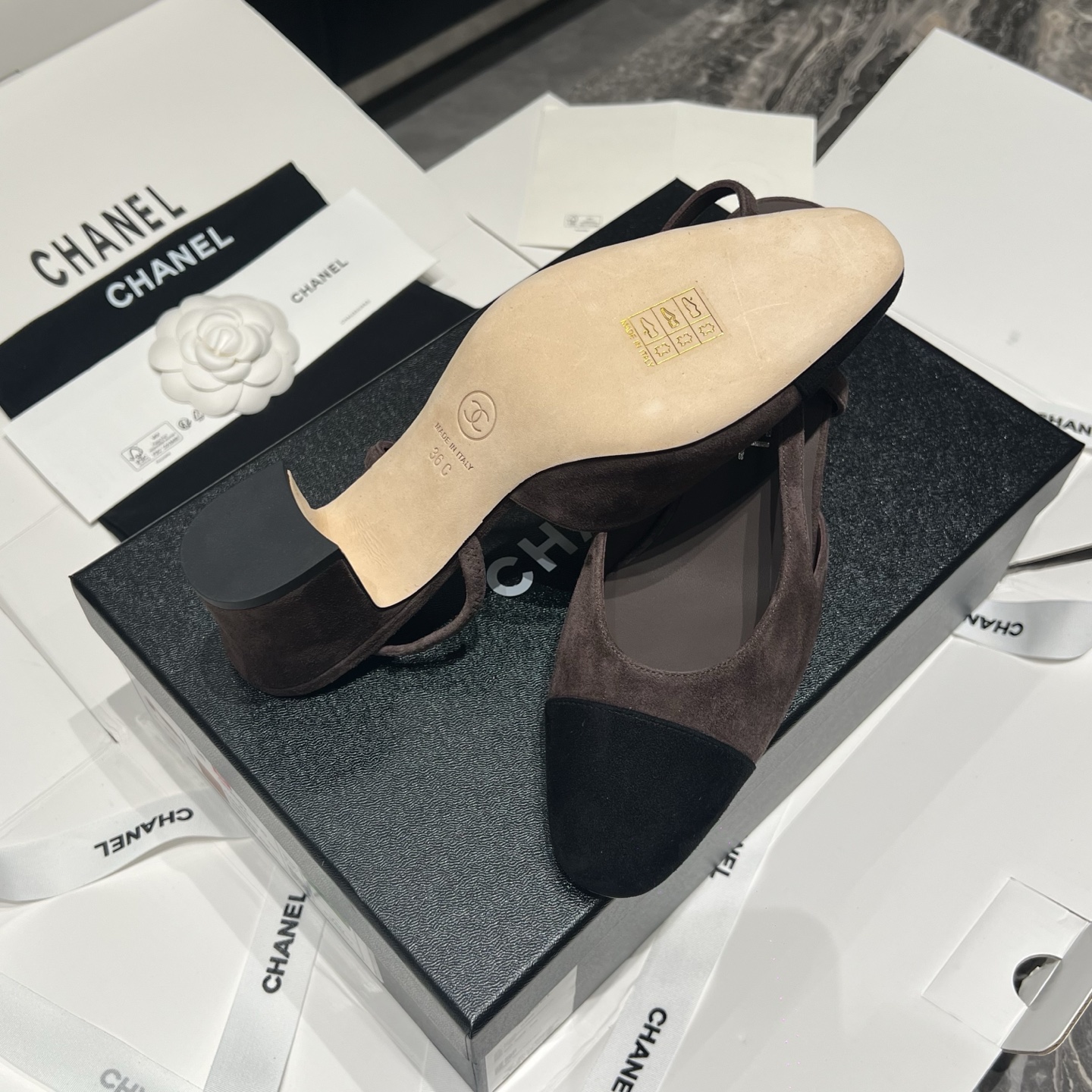 Bagsaaa Ch**el slingback pumps in brown and black suede