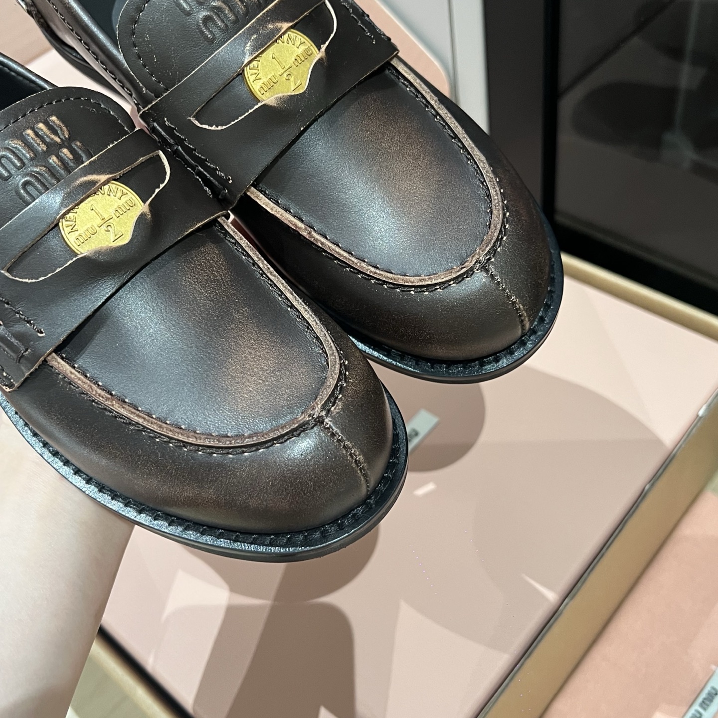 Bagsaaa Miu Miu distressed leather penny loafers dark brown