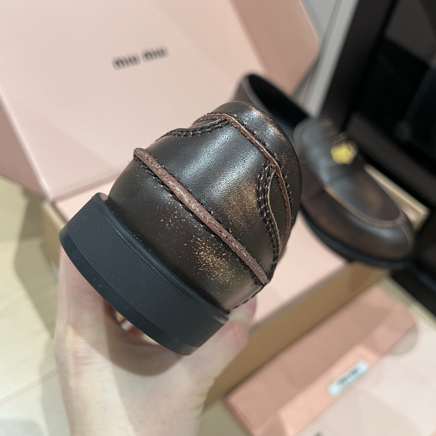 Bagsaaa Miu Miu distressed leather penny loafers dark brown