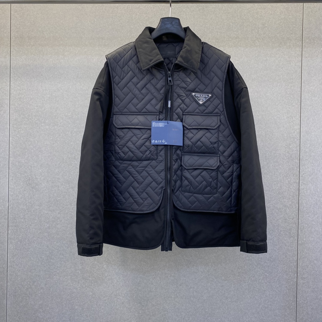 Bagsaaa black Pra*a Re-Nylon jacket with a quilted vest overlay