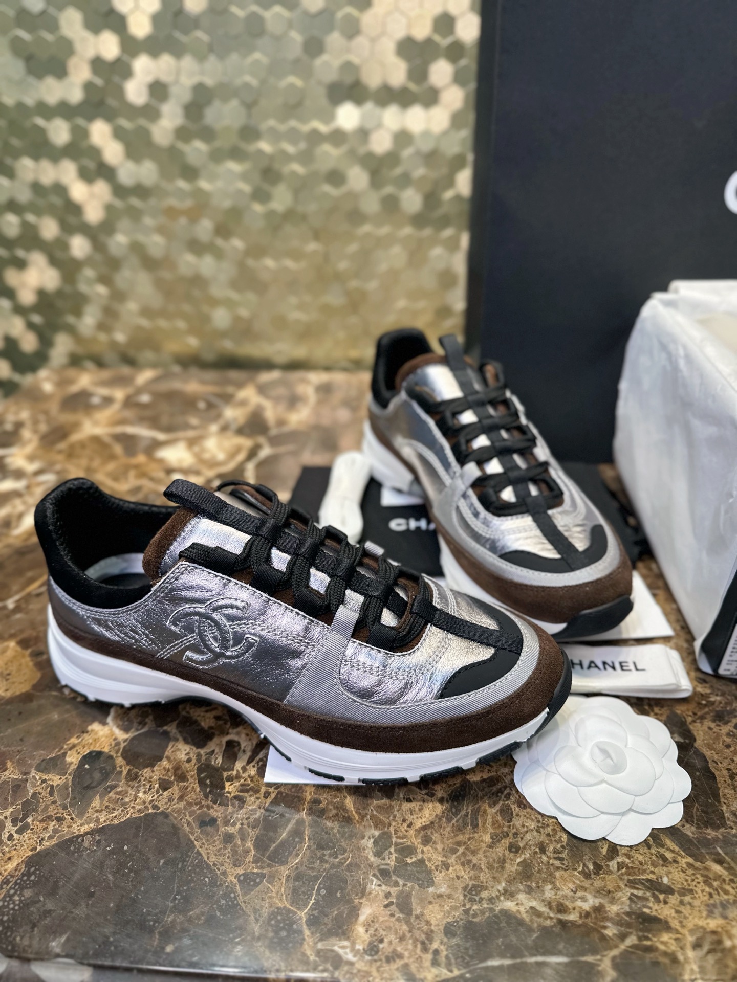 Bagsaaa Ch**el sneakers in silver laminated material with brown suede