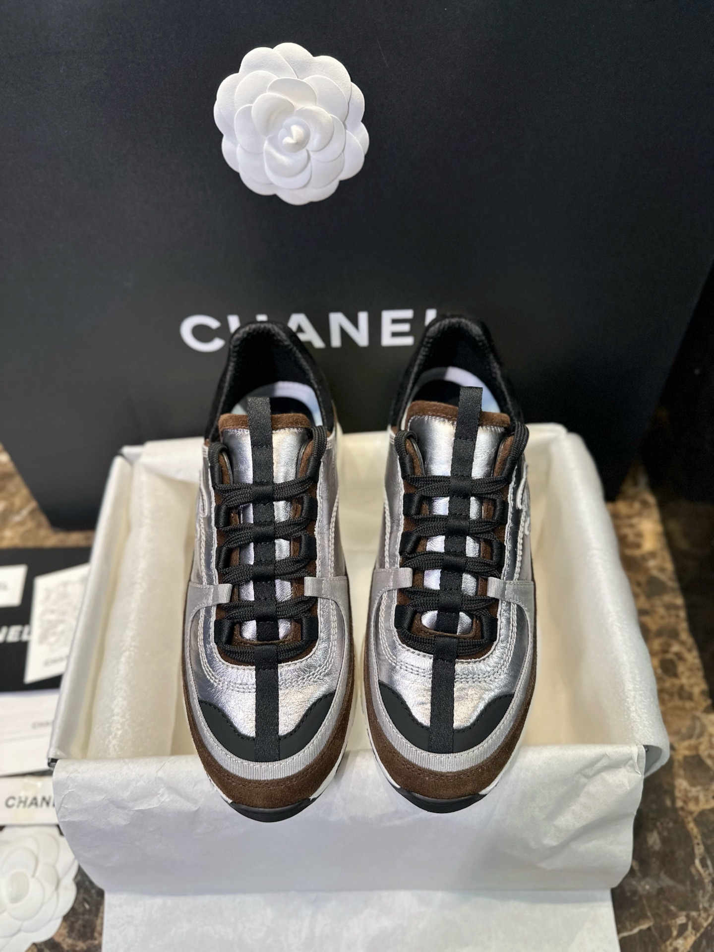 Bagsaaa Ch**el sneakers in silver laminated material with brown suede