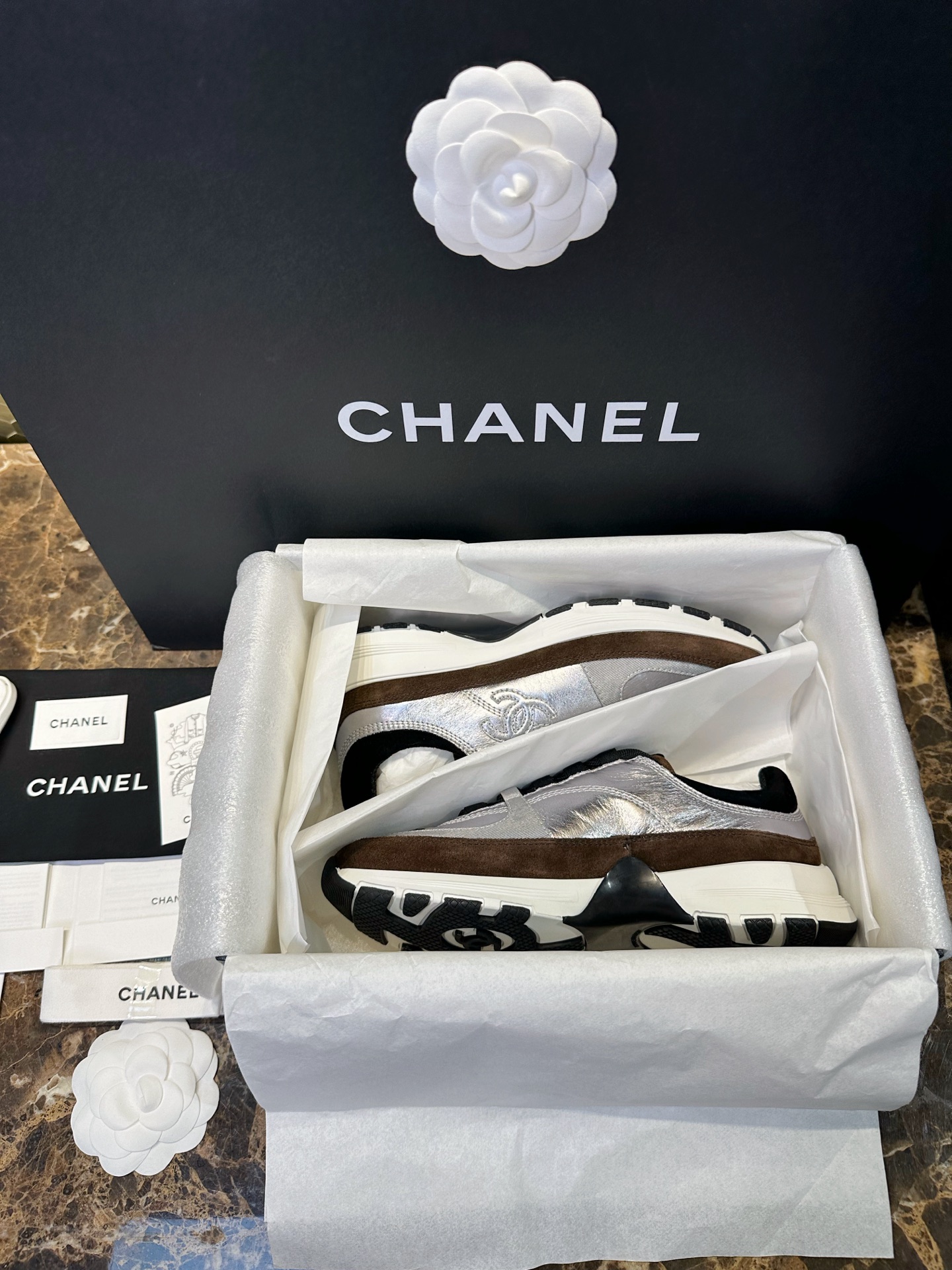 Bagsaaa Ch**el sneakers in silver laminated material with brown suede