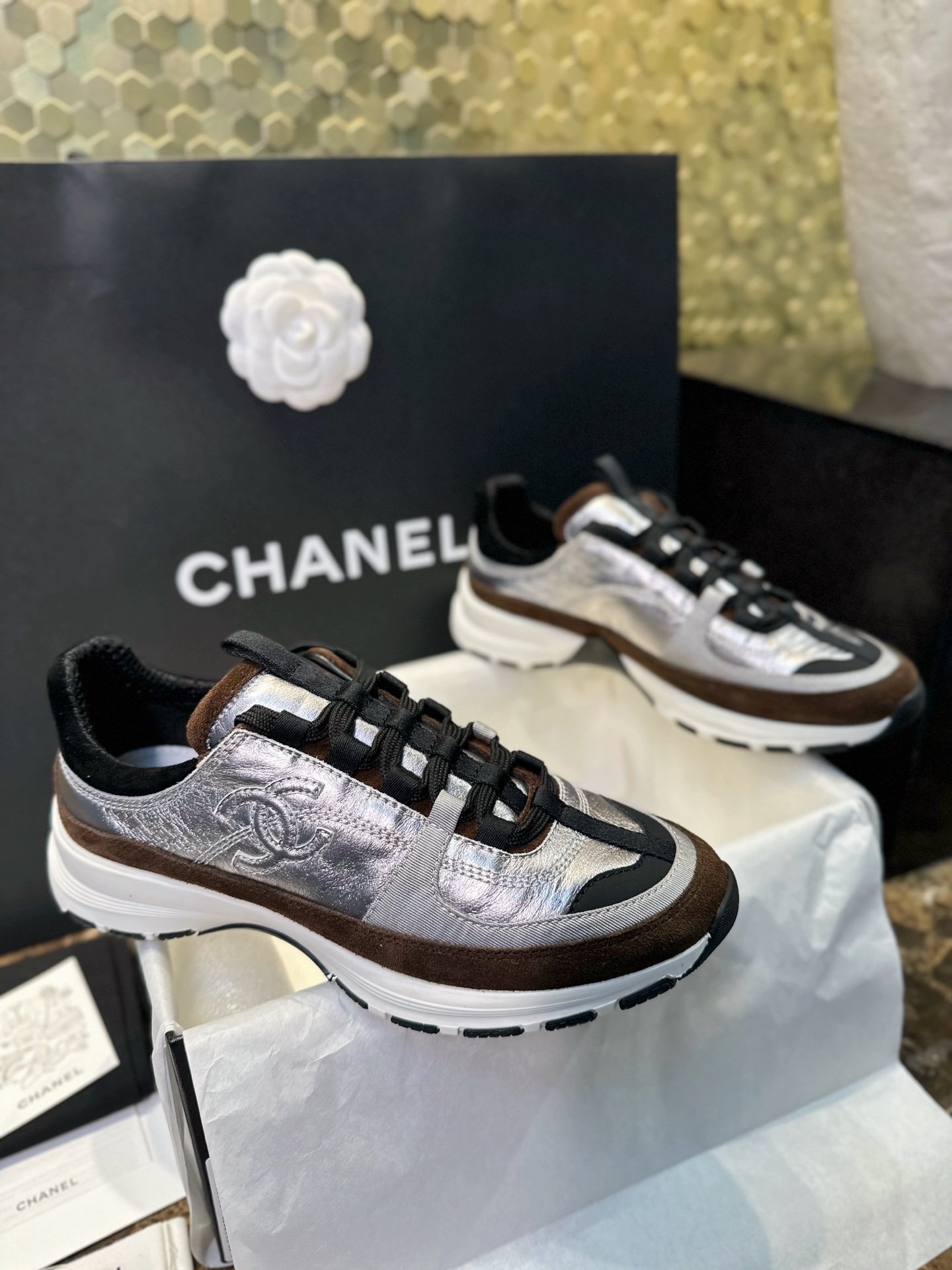 Bagsaaa Ch**el sneakers in silver laminated material with brown suede