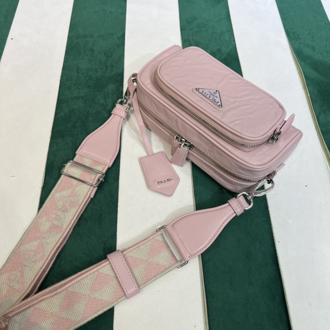 Bagsaaa Pra*a Nappa Antique leather multi-pocket shoulder bag in pink - 22cm