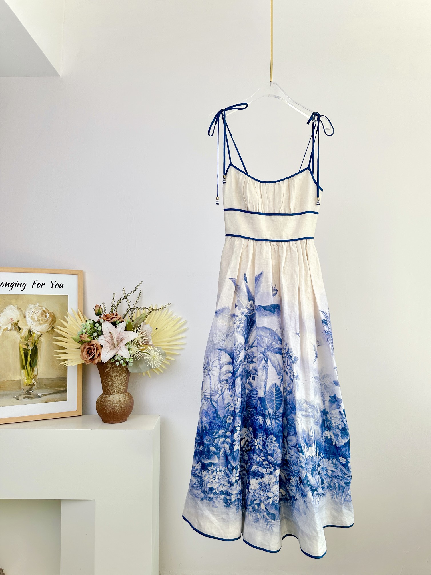 Bagsaaa Zimmermann Wylie shirred printed linen midi dress in blue palm