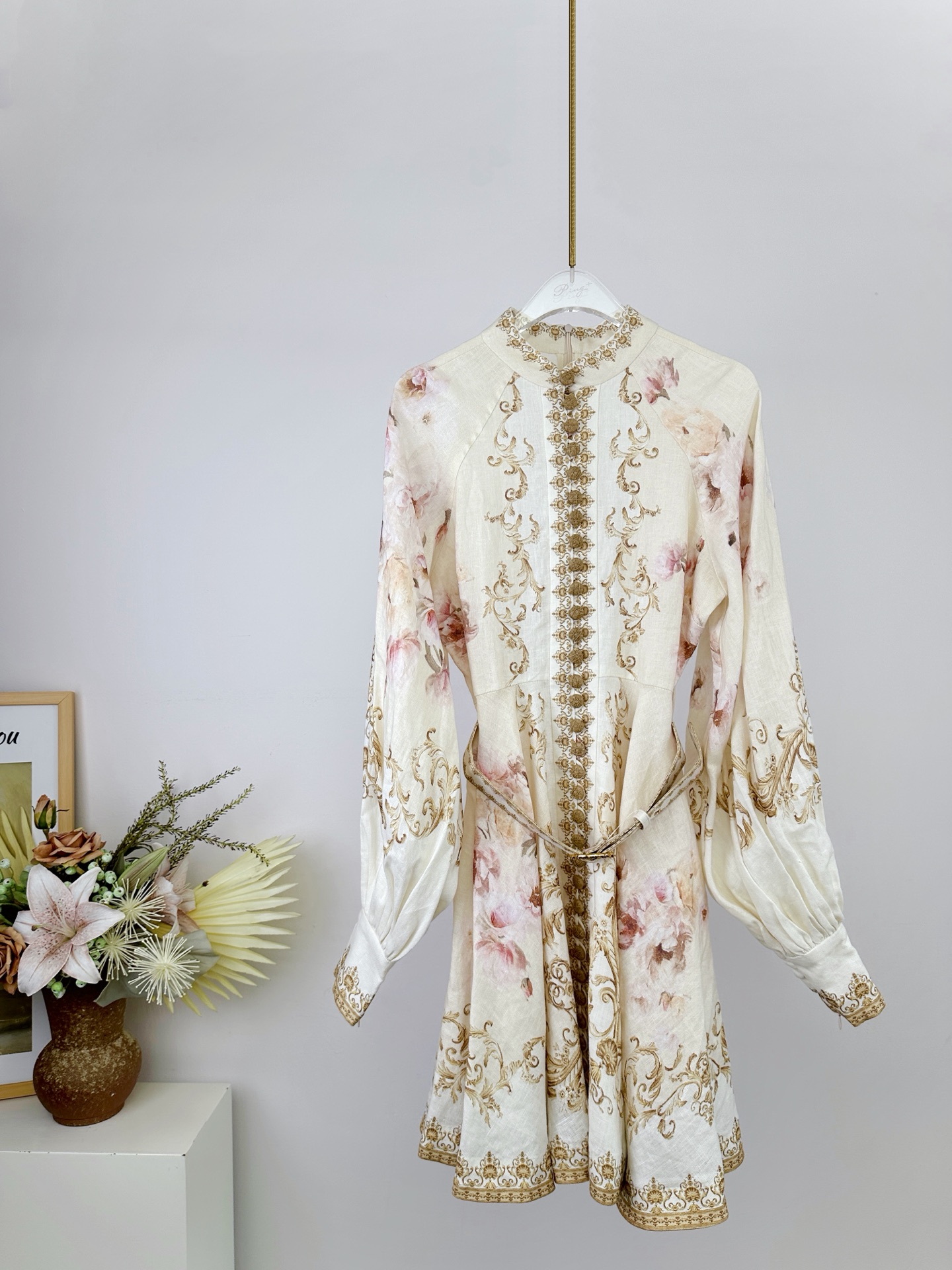 Bagsaaa Zimmermann Hypnotic buttoned mini dress in cream peony linen