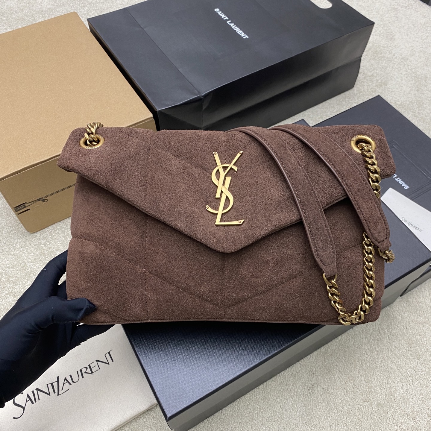 Bagsaaa Y51 Sa1nt Lau*nt Puffer Small shoulder bag in brown suede with gold - 29cm