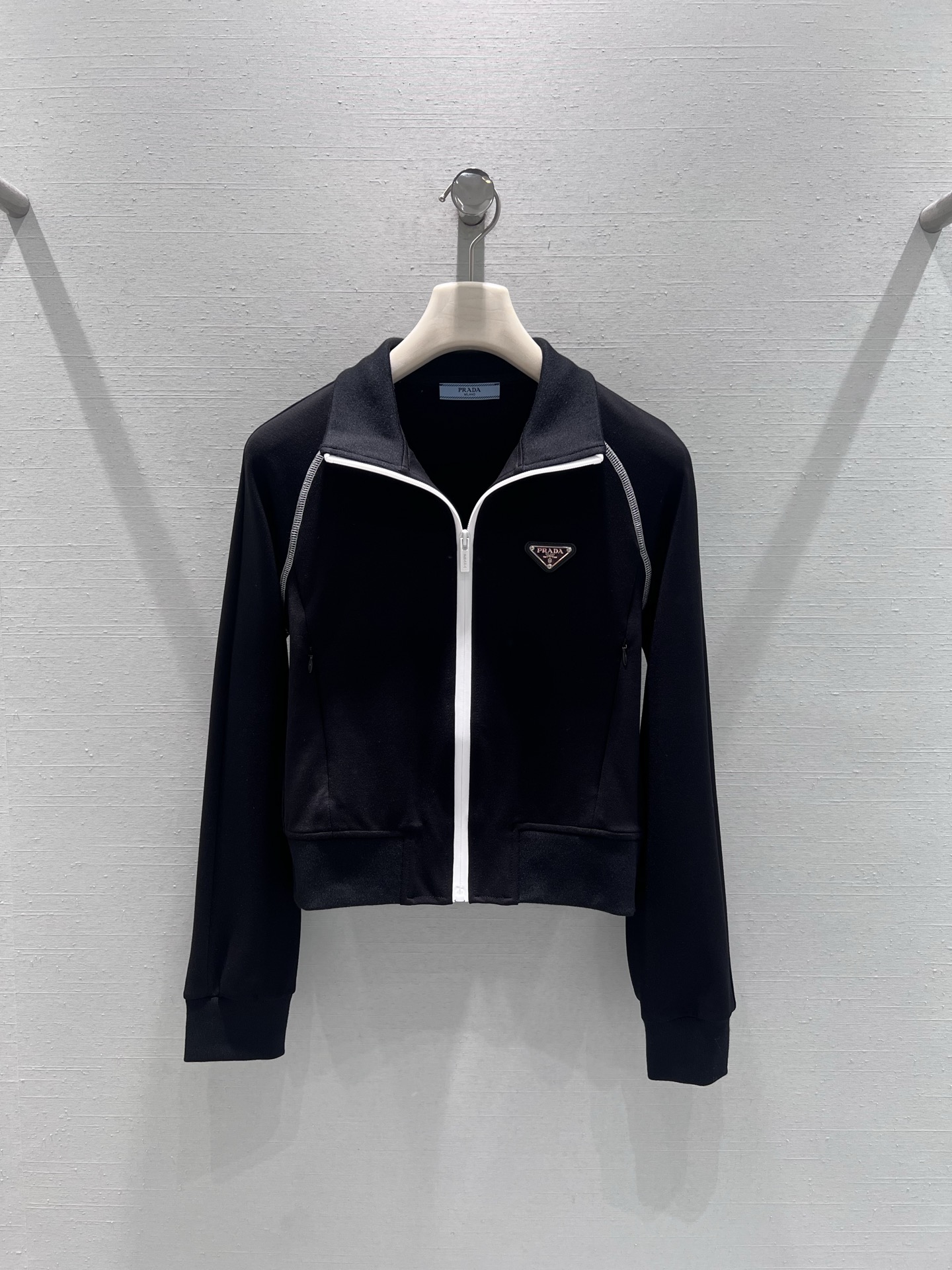 Bagsaaa Pra*a black Re-Nylon blouson jacket with white piping details