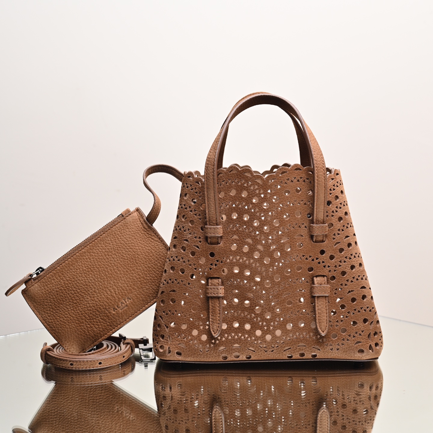 Bagsaaa Alaïa Mina 20 laser-cut nubuck tote bag in brown color - 20cm