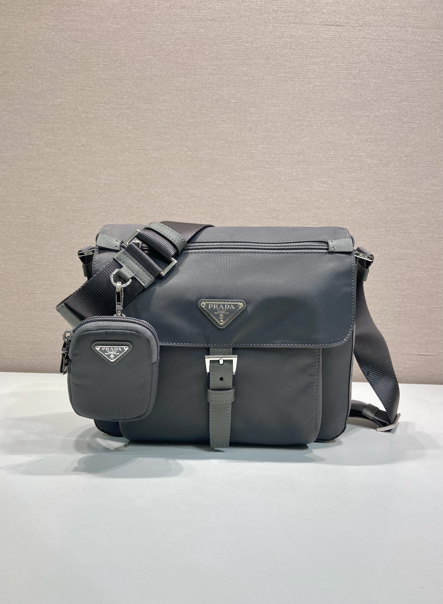 Bagsaaa Pra*a Re-Nylon and Saffiano leather messenger bag in grey - 25cm