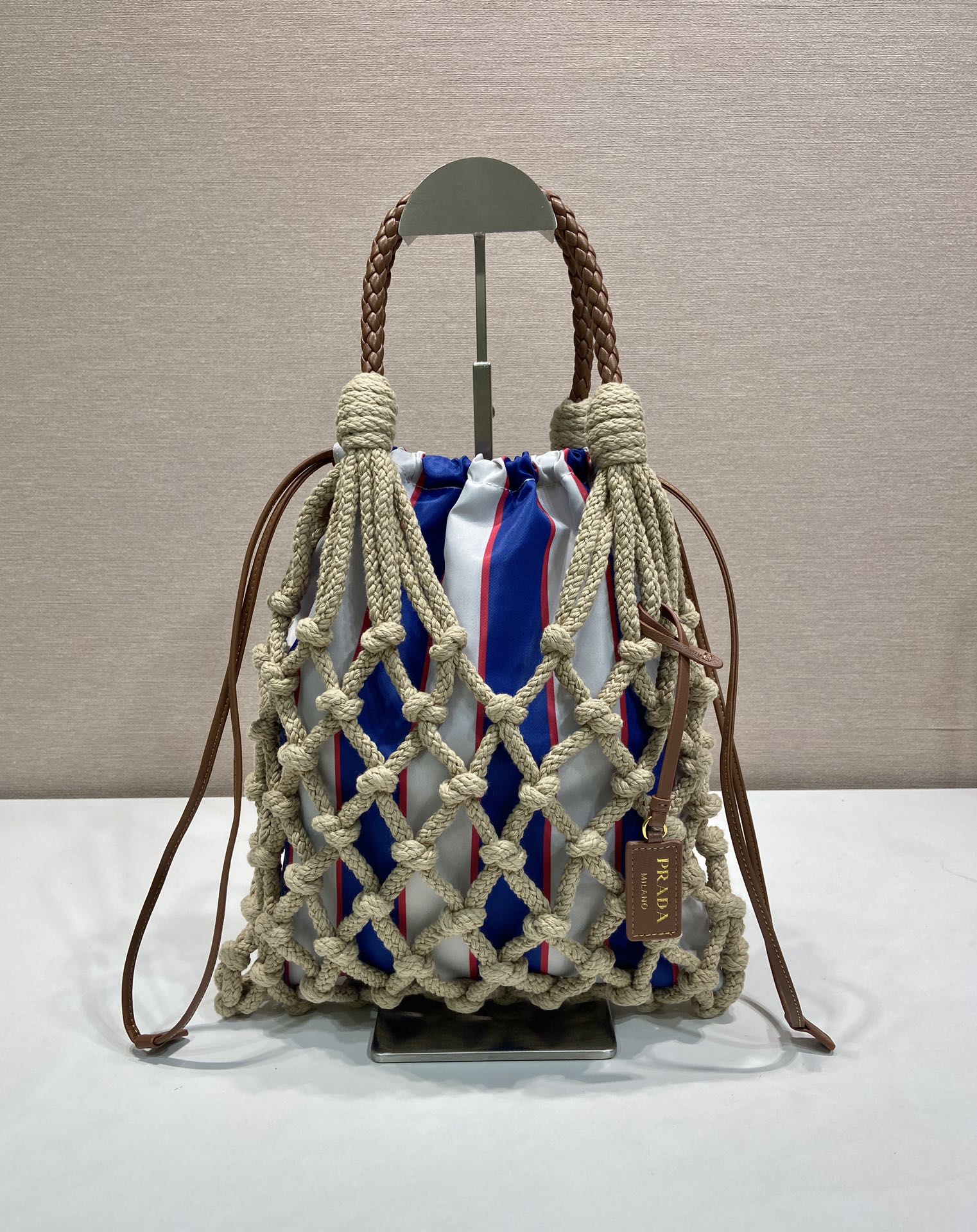 Bagsaaa Pra*a Noué medium cotton macramé bag 1BC111 Cord/Royal Blue - 37cm