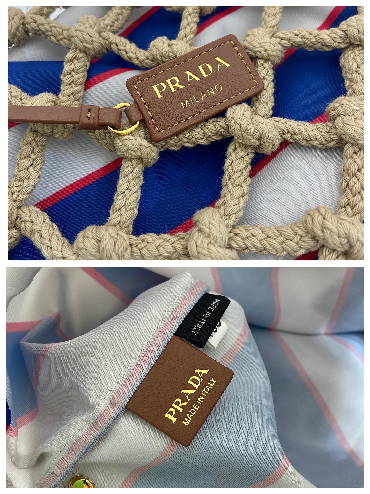 Bagsaaa Pra*a Noué medium cotton macramé bag 1BC111 Cord/Royal Blue - 37cm