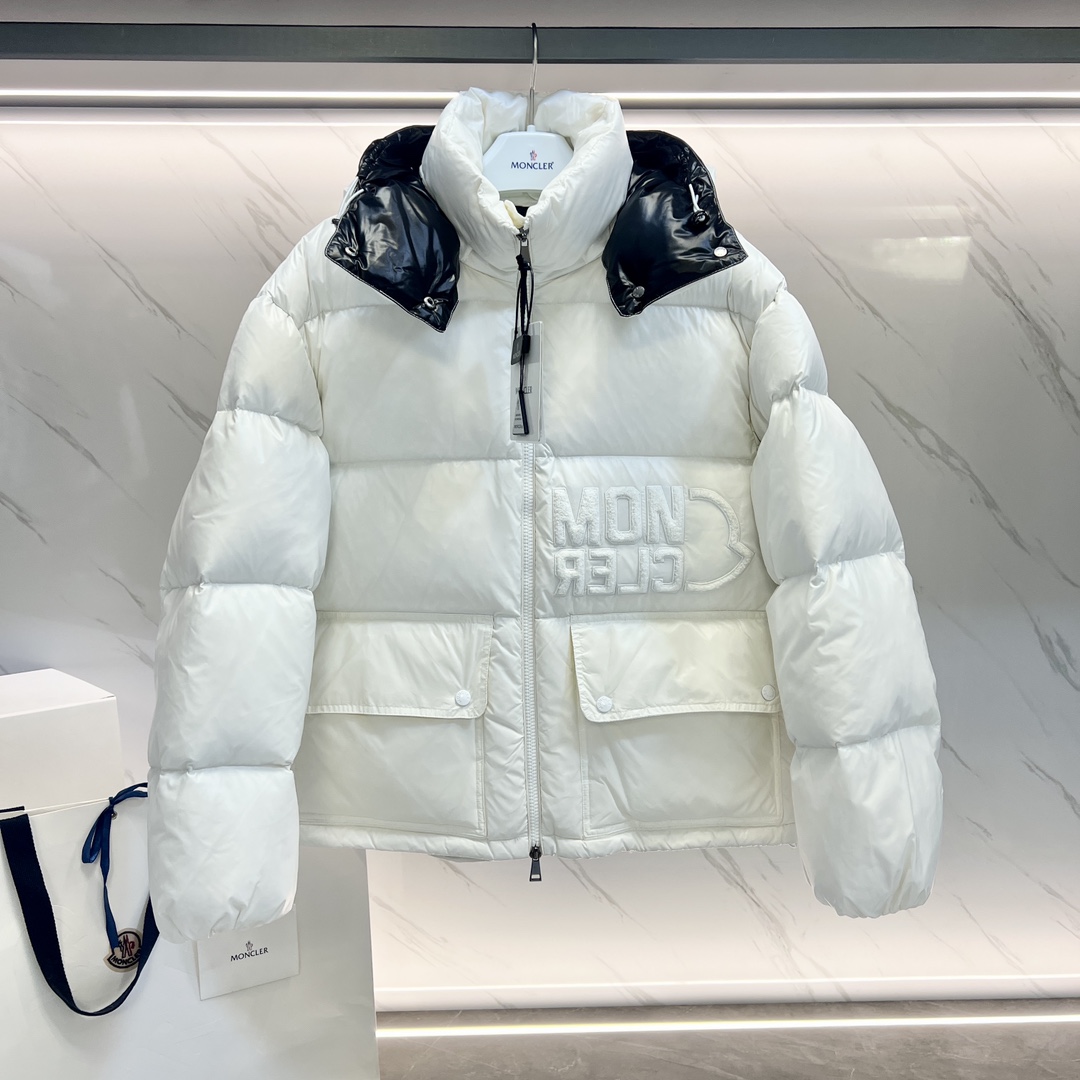 Bagsaaa white Moncler puffer jacket with black hood lining