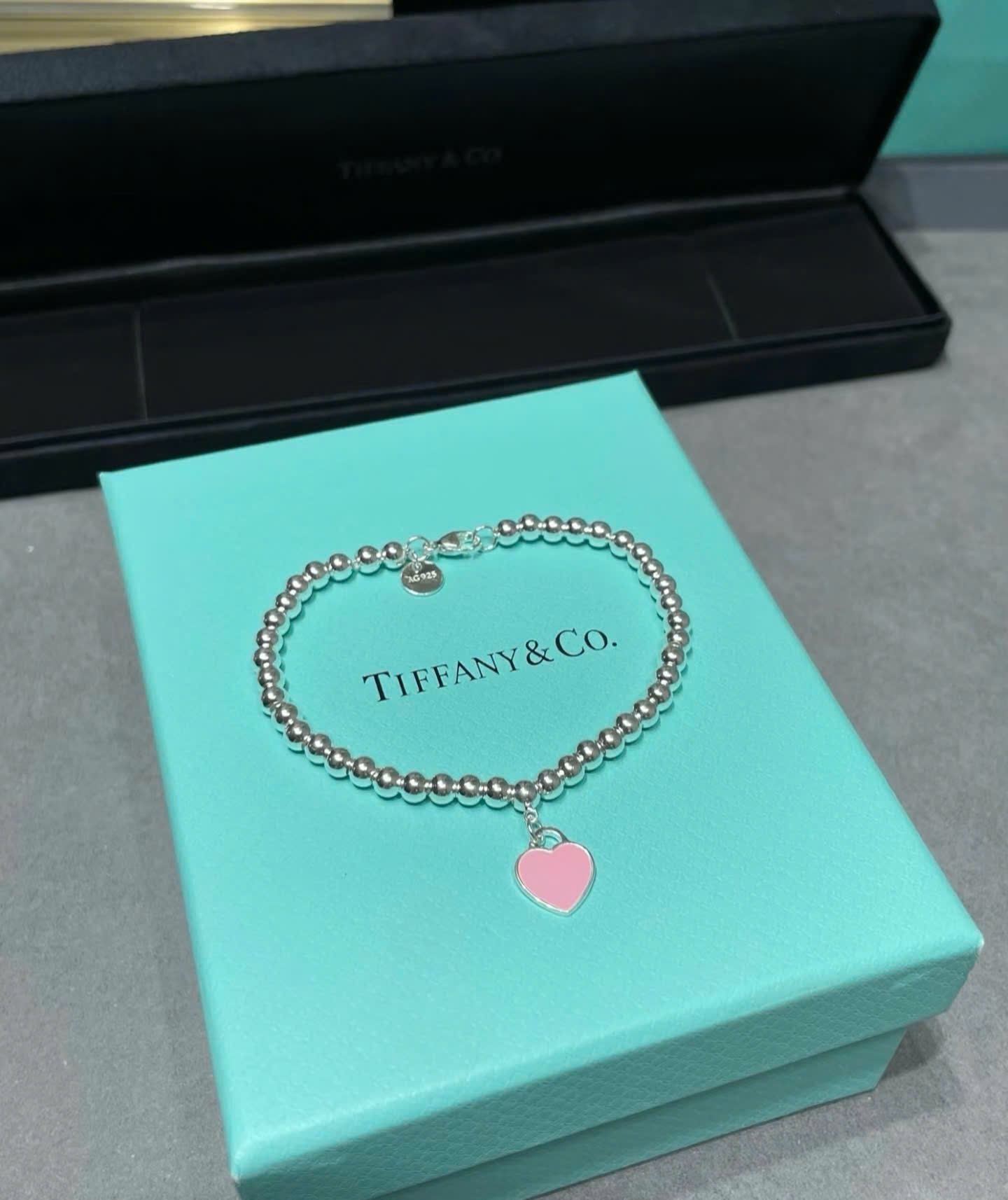 Bagsaaa Return to T*f*ny Pink Heart Tag Bead Bracelet in Silver