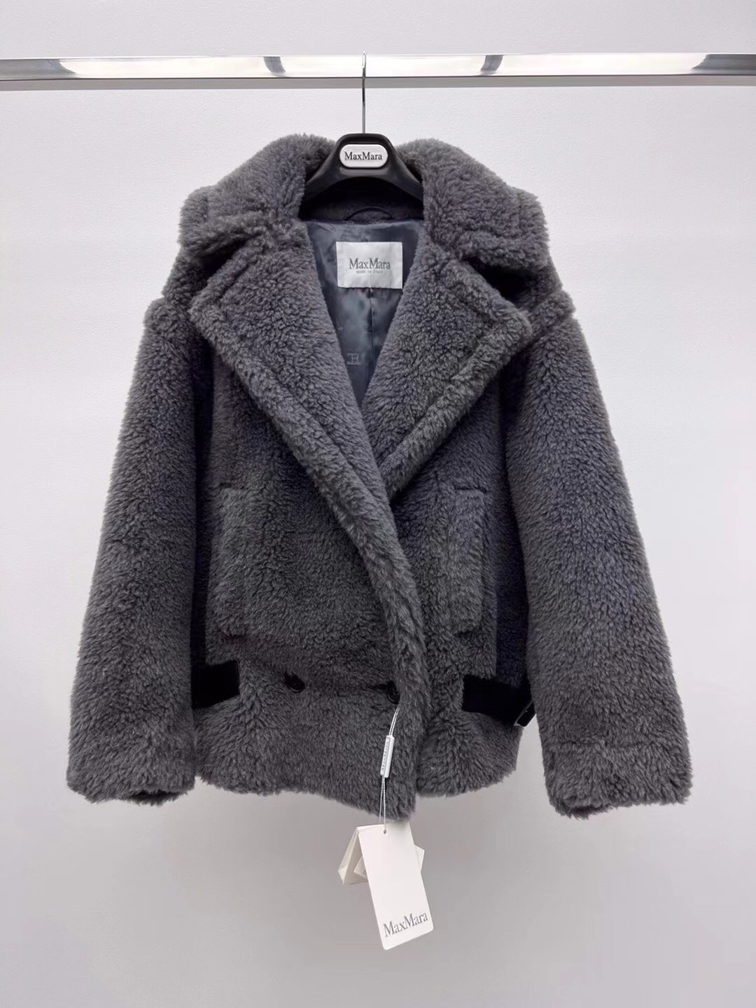 Bagsaaa Max Mara Teddy Bear Icon coat in gray alpaca and wool-blend fabric