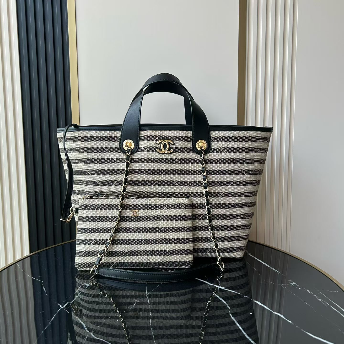 Bagsaaa Ch**el Deauville tote bag in canvas material with black and white stripes