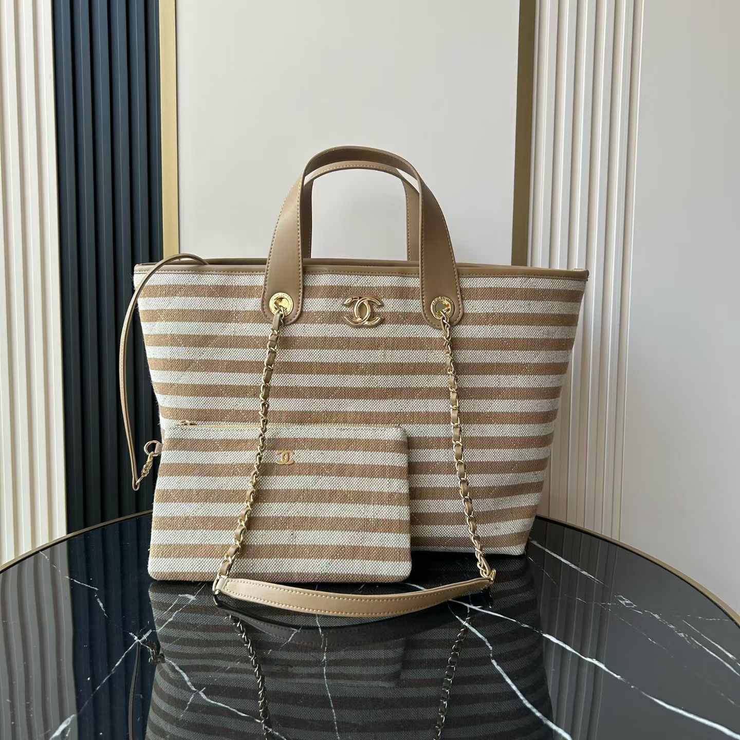 Bagsaaa Ch**el Deauville tote bag in canvas material with beige and white stripes