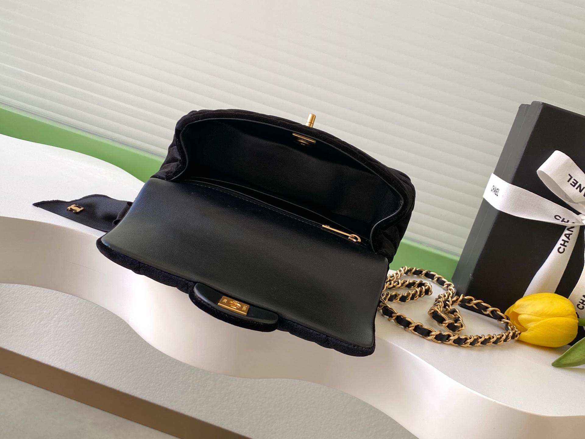 Bagsaaa Ch**el Mini Flap Bag with Top Handle AS5875 black velvet - 20cm