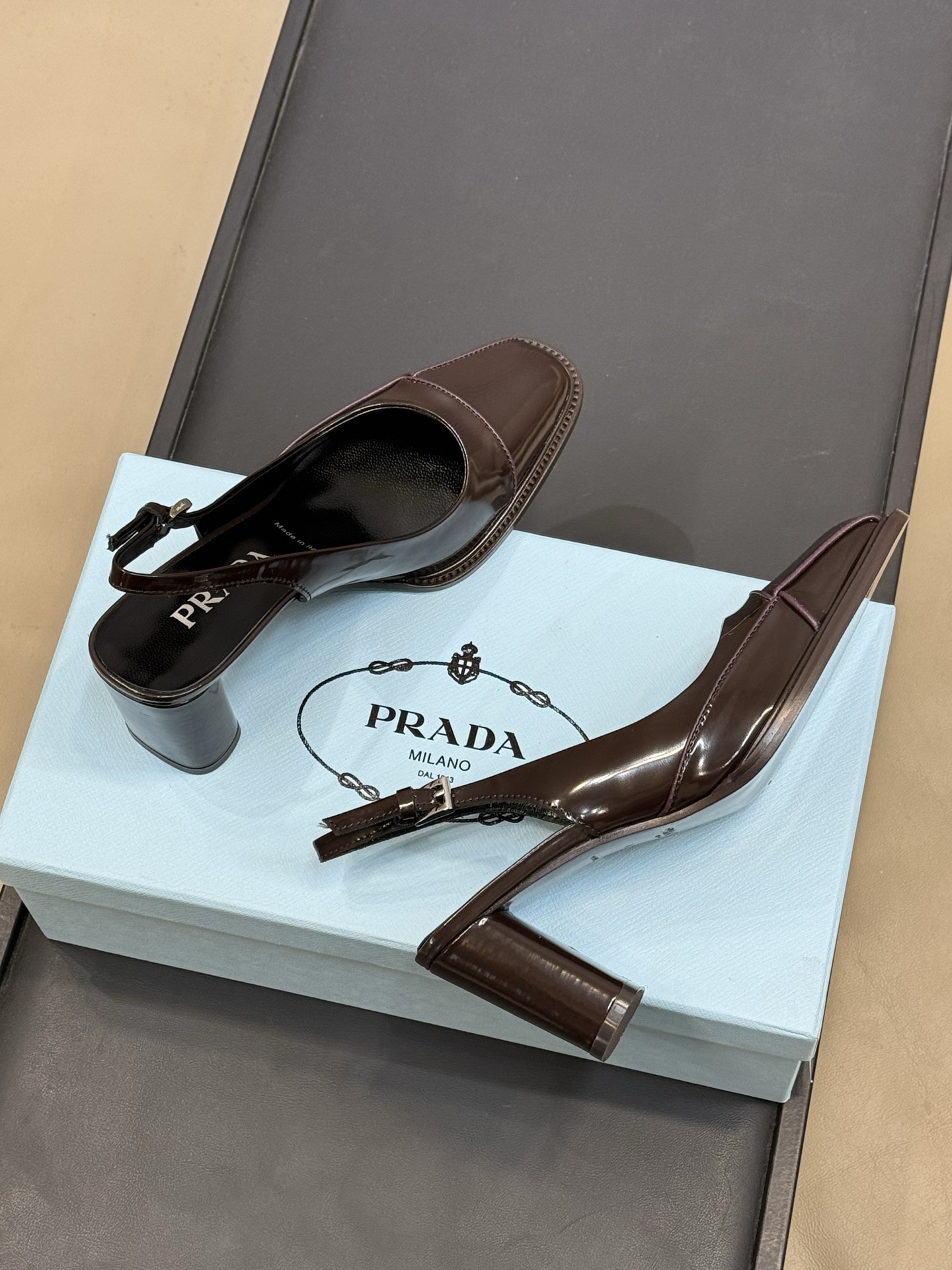 Bagsaaa Pra*a Patent Leather Slingback Pump brown