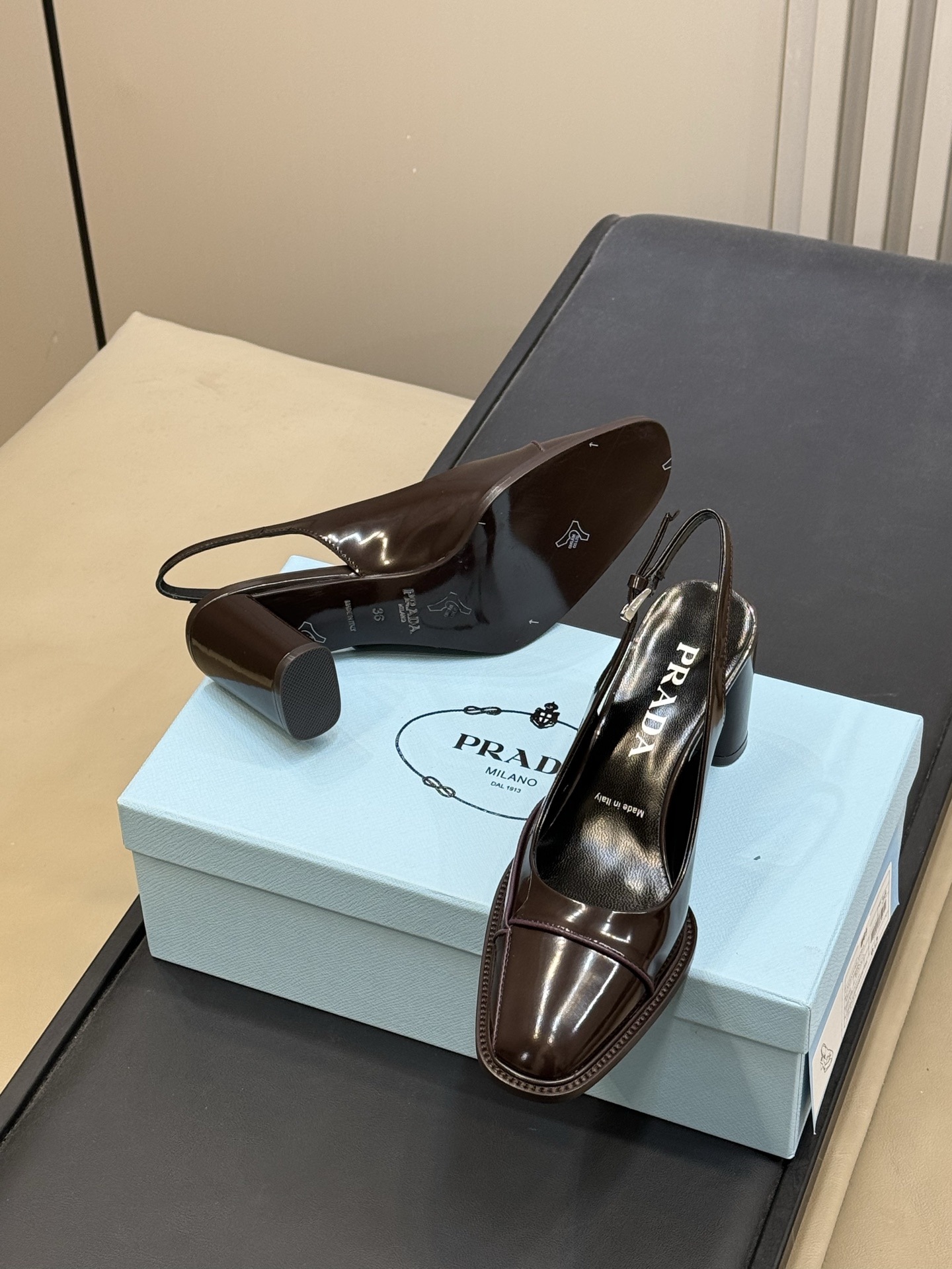 Bagsaaa Pra*a Patent Leather Slingback Pump brown
