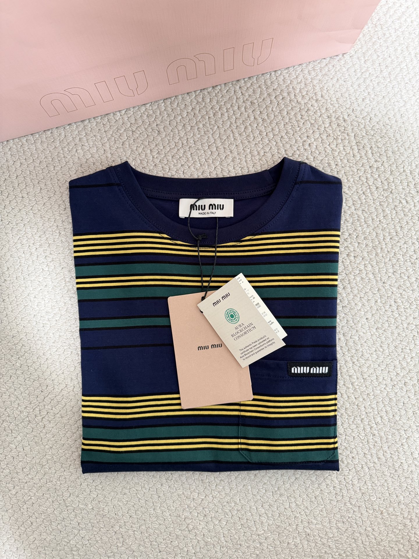 Bagsaaa Miu Miu Striped Cotton Jersey T-shirt in a navy