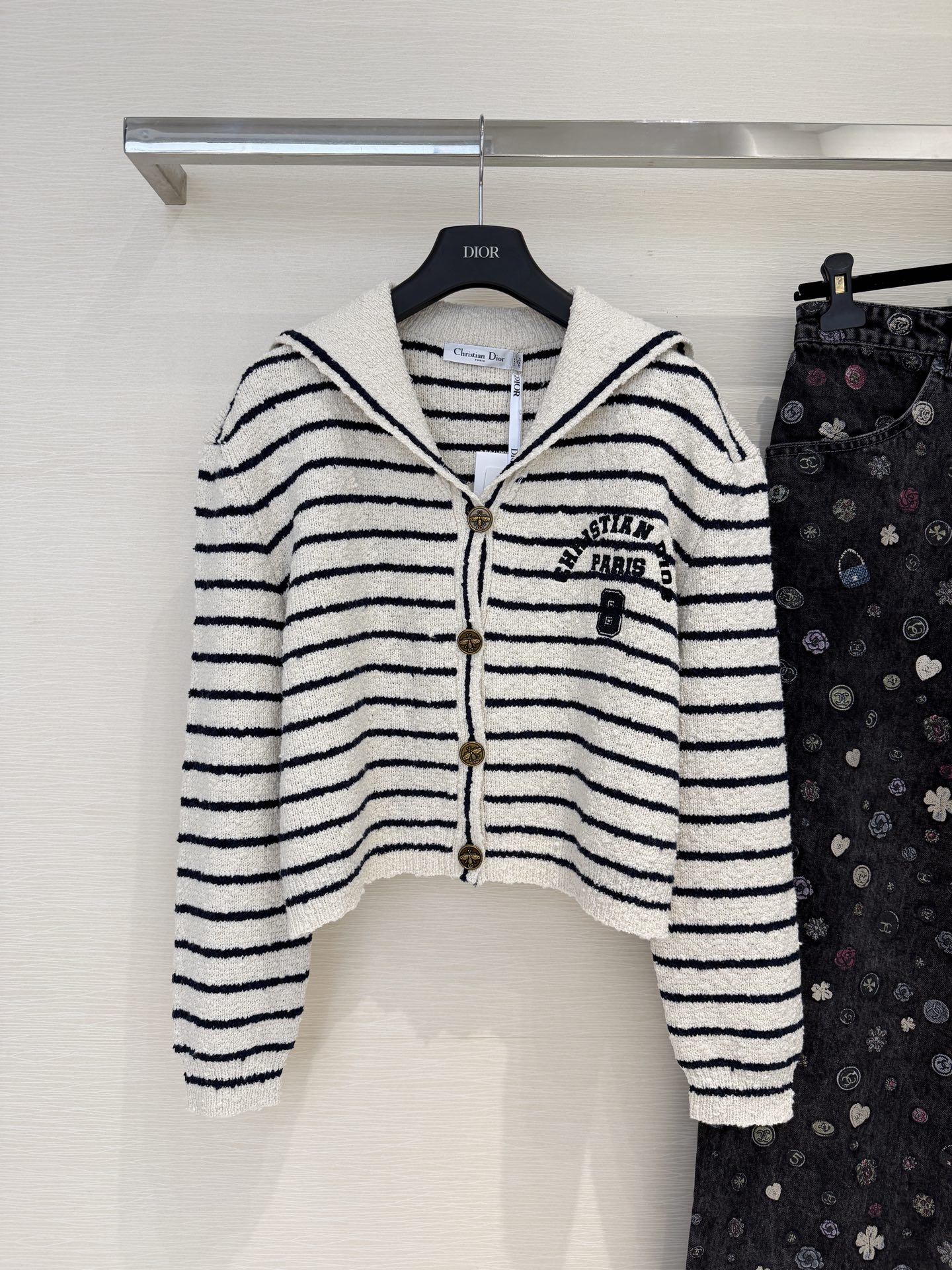 Bagsaaa D10r Marinière Cardigan with Sailor Collar White and Navy Blue Cotton Knit