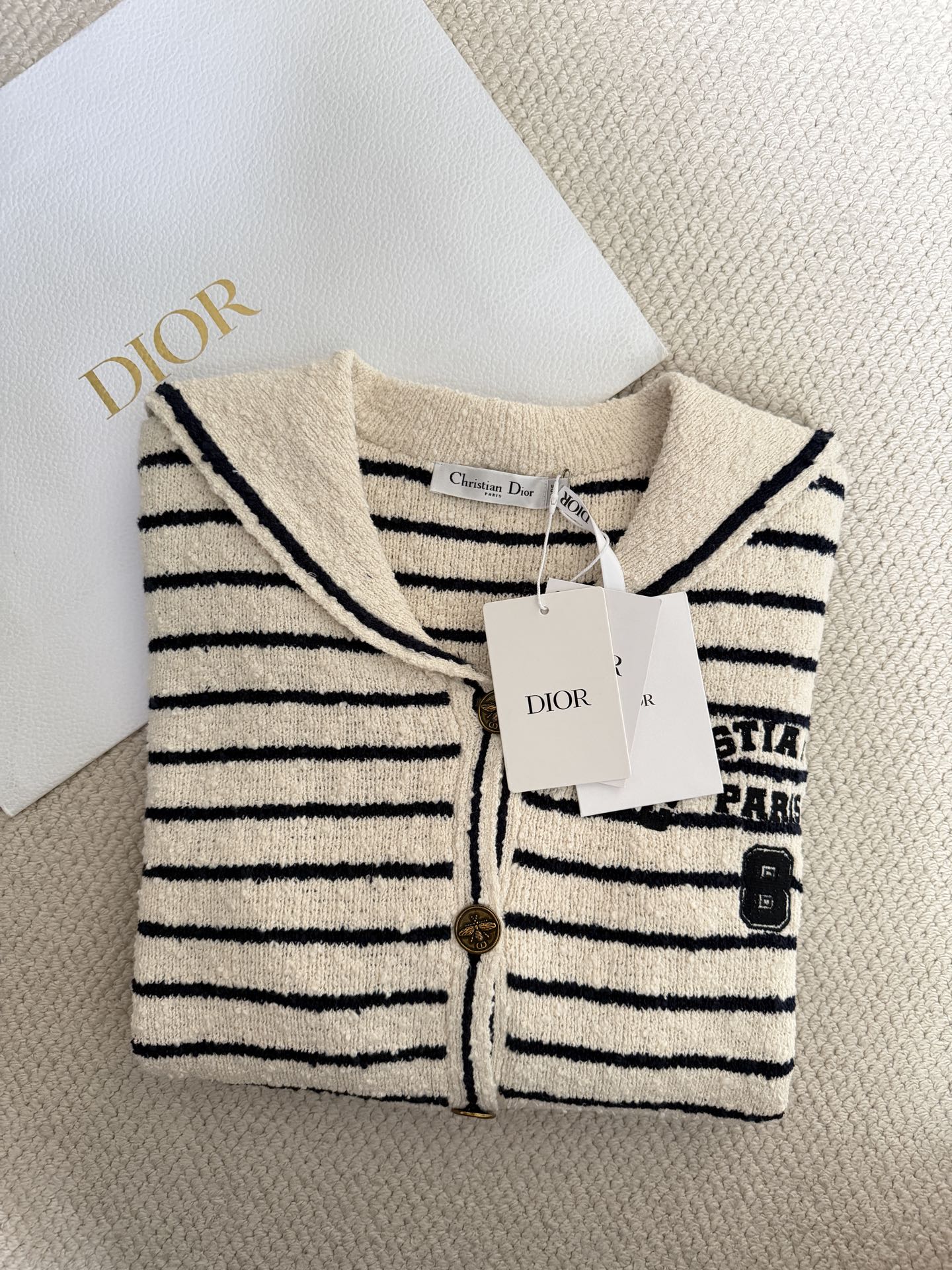 Bagsaaa D10r Marinière Cardigan with Sailor Collar White and Navy Blue Cotton Knit