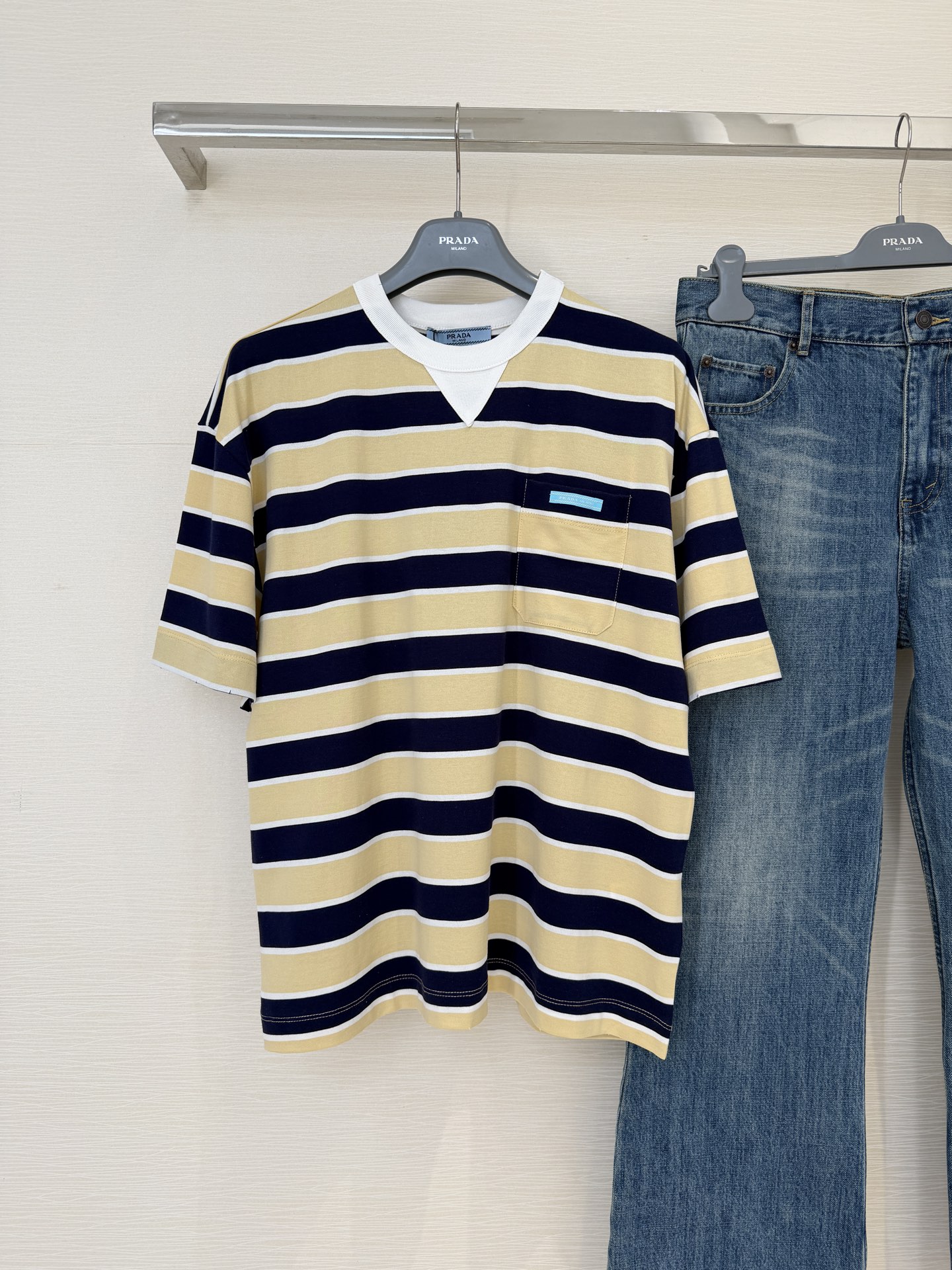 Bagsaaa Pra*a striped cotton lisle T-shirt in cream and navy blue 