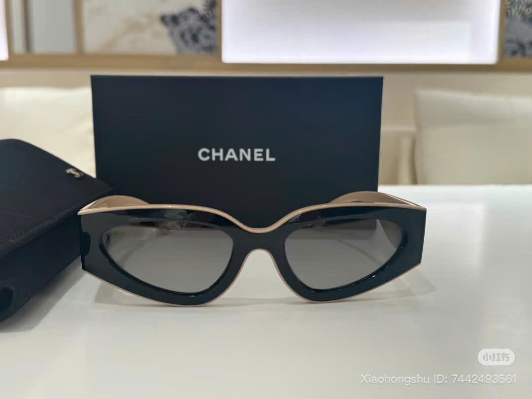 Bagsaaa Ch**el Cat Eye Sunglasses Black & Beige - Lenses: Light Grey