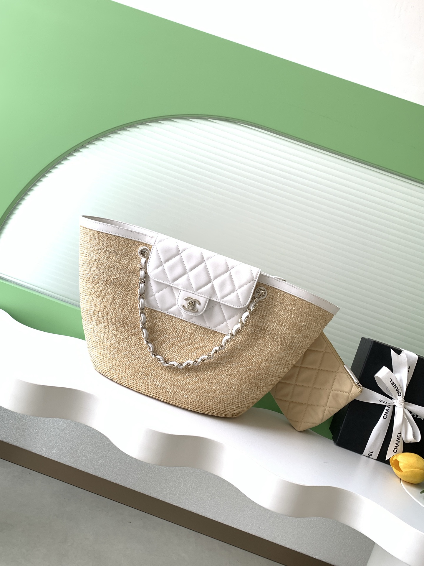 Bagsaaa Ch**el Large Shopping Bag AS5952 Beige & White - 54cm