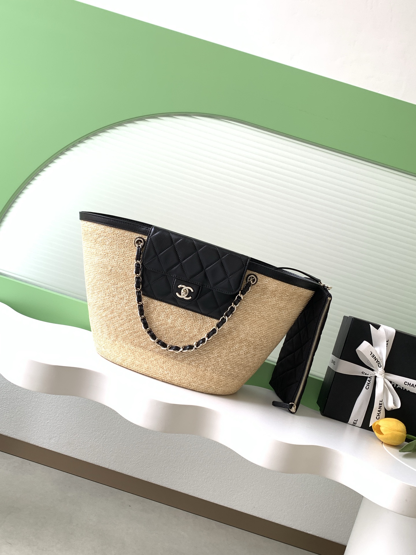 Bagsaaa Ch**el Large Shopping Bag AS5952 Beige & Black - 54cm