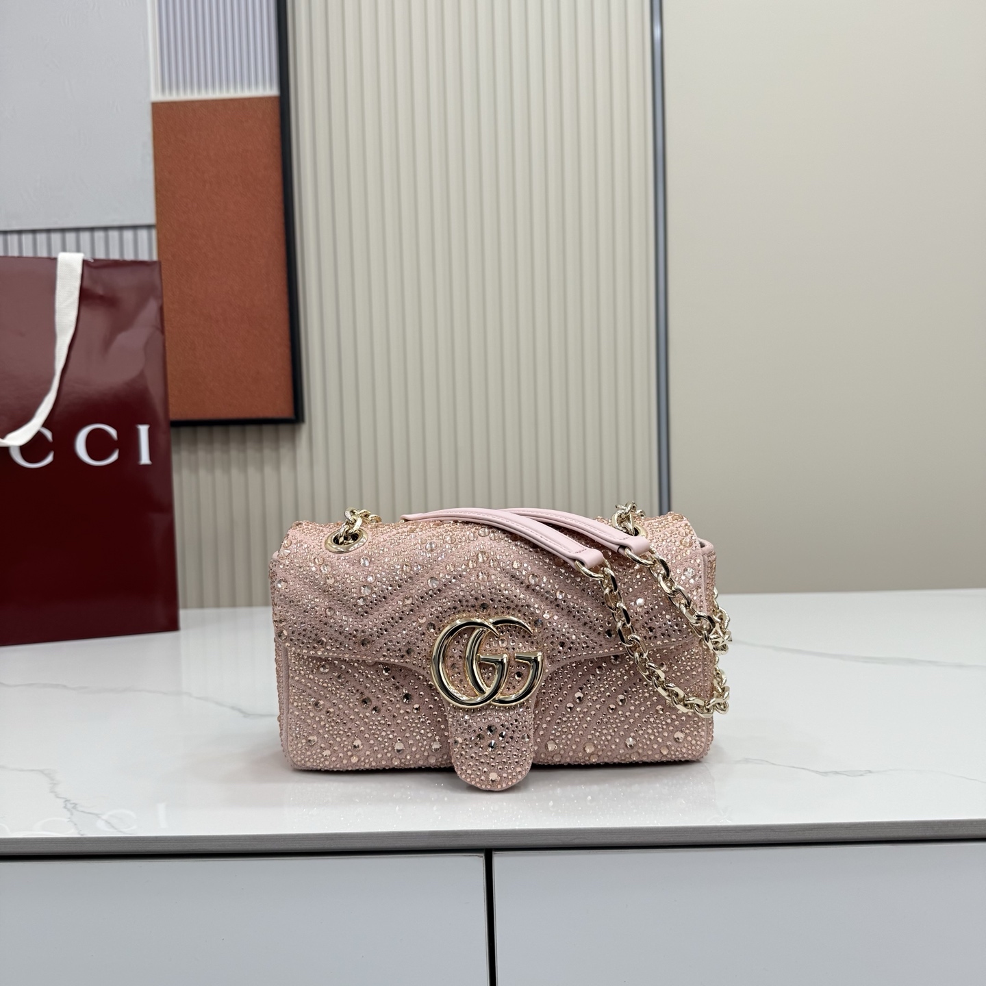 Bagsaaa Gvc*1 GG Marmont crystals small shoulder bag 837280 pink - 22cm
