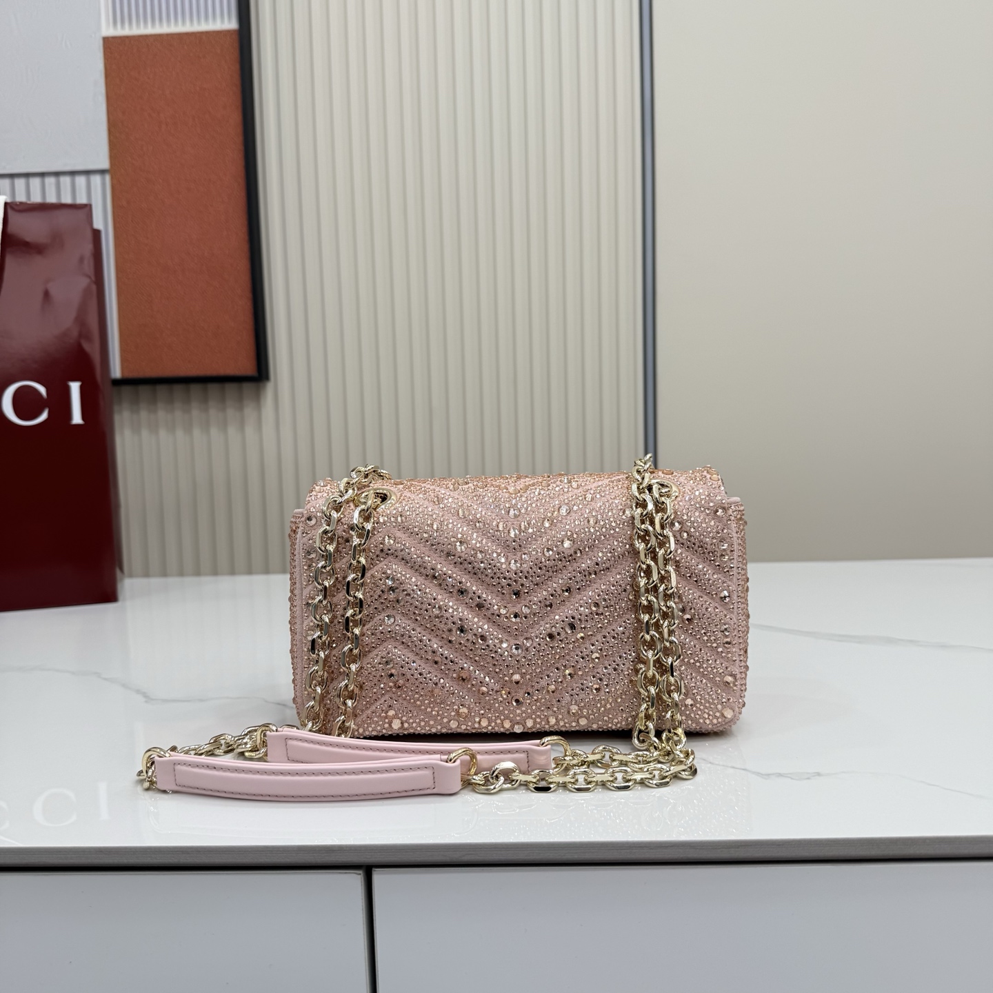 Bagsaaa Gvc*1 GG Marmont crystals small shoulder bag 837280 pink - 22cm