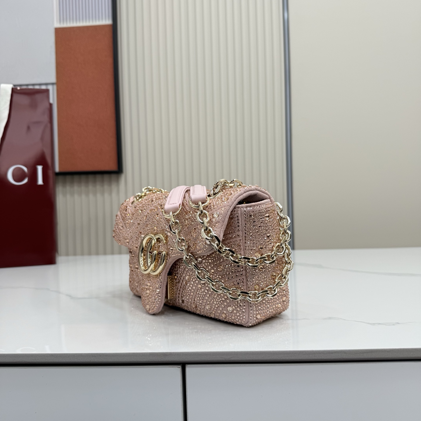 Bagsaaa Gvc*1 GG Marmont crystals small shoulder bag 837280 pink - 22cm