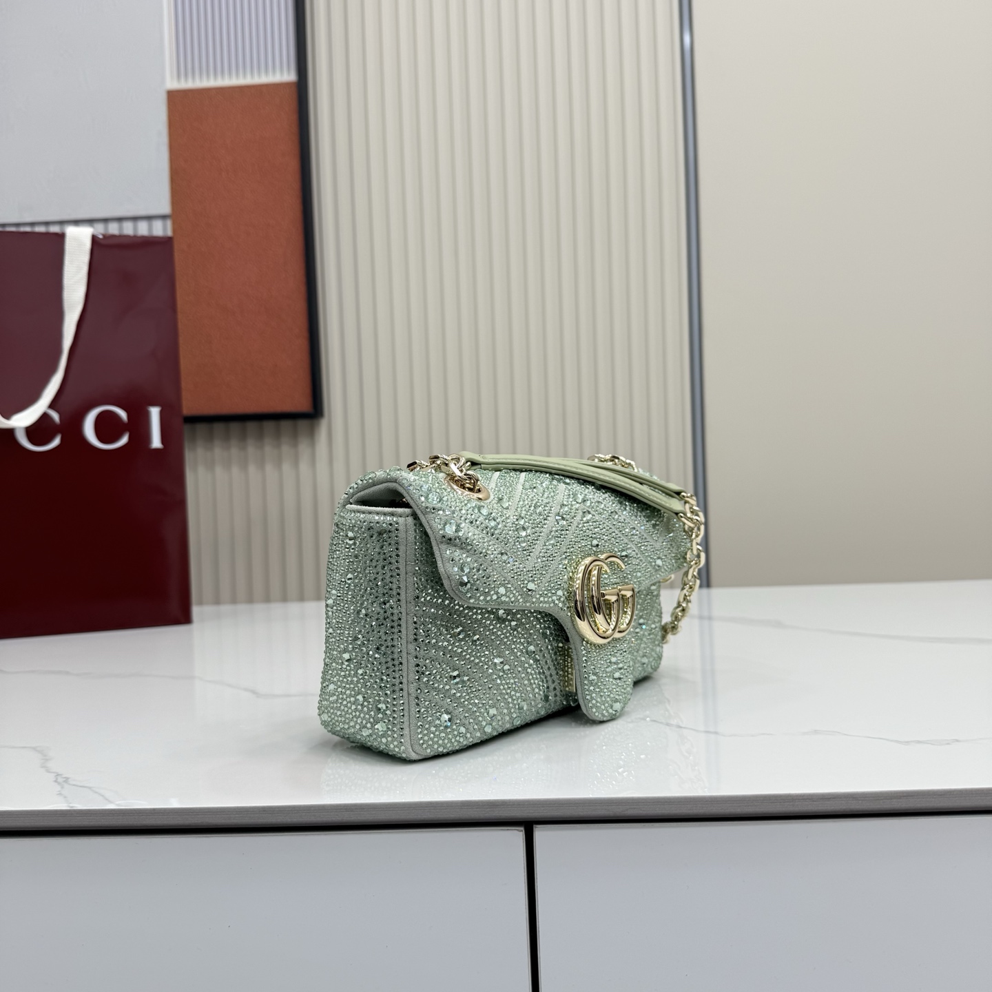 Bagsaaa Gvc*1 GG Marmont crystals small shoulder bag 837280 green - 22cm