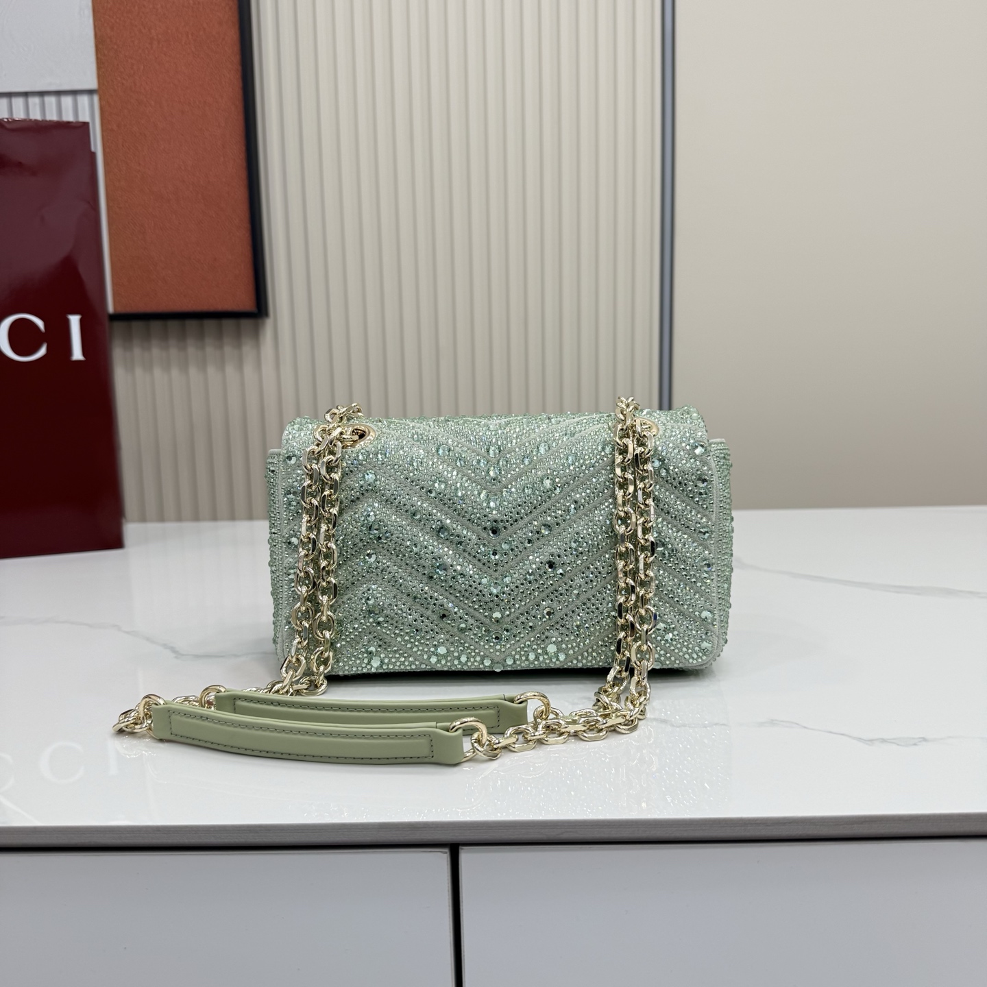 Bagsaaa Gvc*1 GG Marmont crystals small shoulder bag 837280 green - 22cm