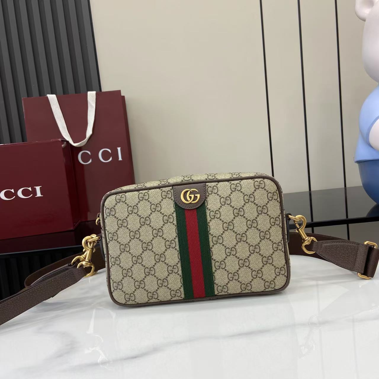 Bagsaaa Gvc*1 Ophidia small crossbody bag 839155 Beige and dark brown GG - 24cm