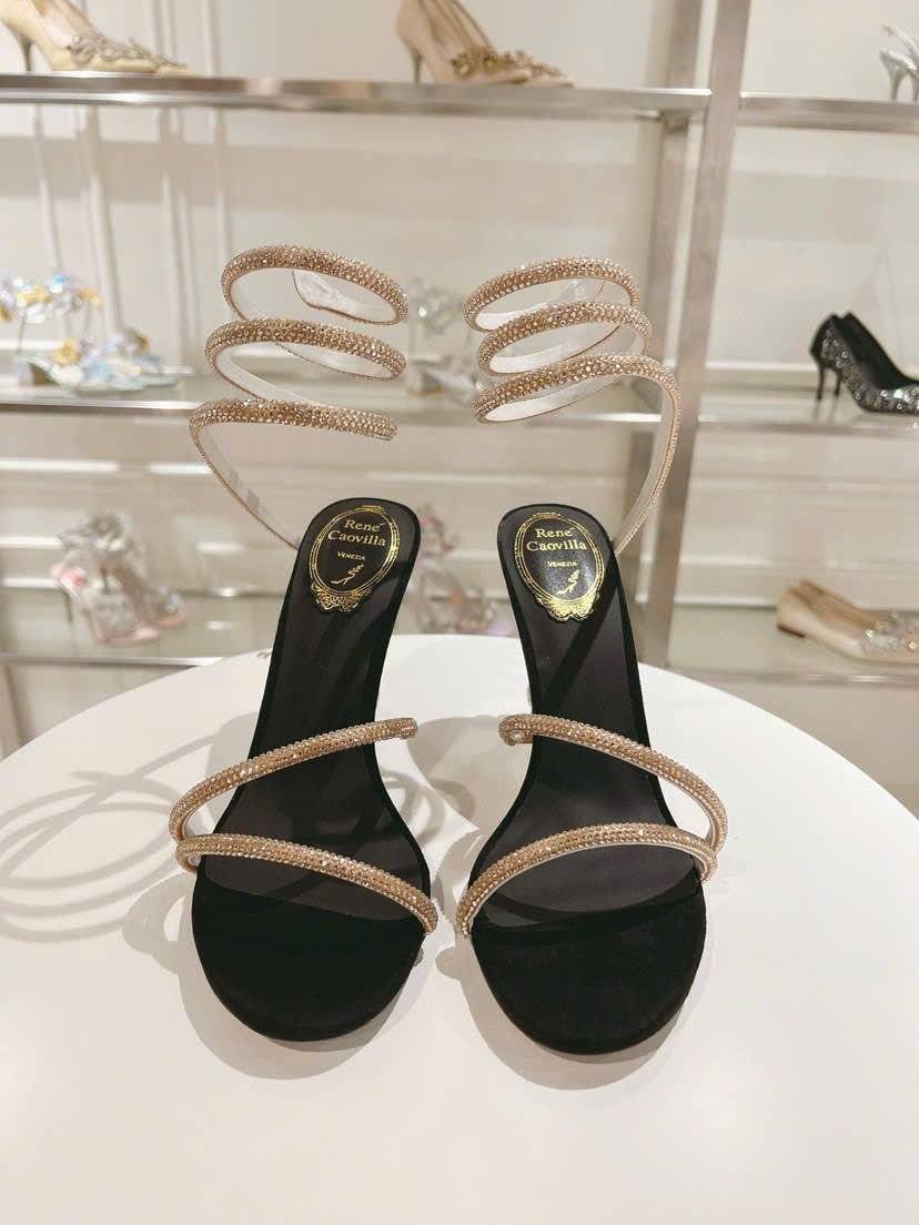 Bagsaaa René Caovilla Margot Embellished Sandals in black and gold