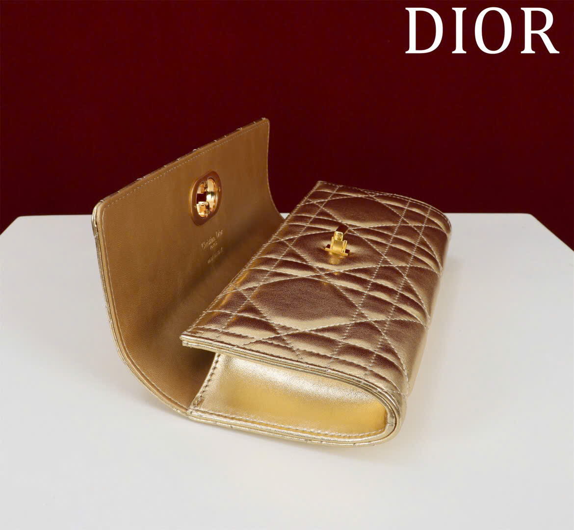Bagsaaa Miss Caro Top Handle Pouch Metallic Pale Gold-Tone Macrocannage Calfskin - 24cm
