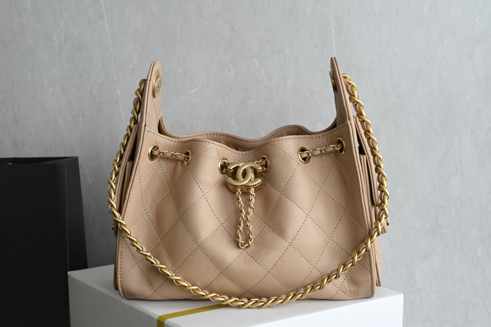 Bagsaaa Ch**el Mini 25 Hobo Bag Beige Caviar & Gold Hardware - 22cm