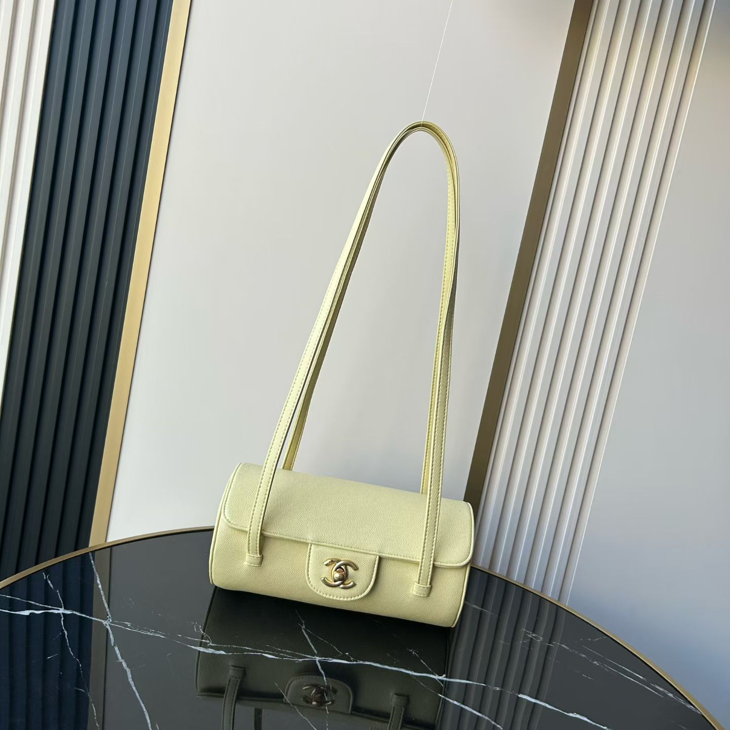 Bagsaaa New Collection 2026 Ch**el Small Bowling Bag AS6143 light yellow - 20.5cm