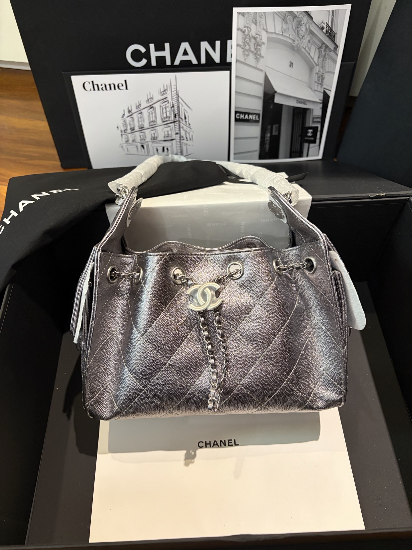 Bagsaaa Ch**el 25 Hobo Bag in Metallic Grained Calfskin with Silver - 22cm