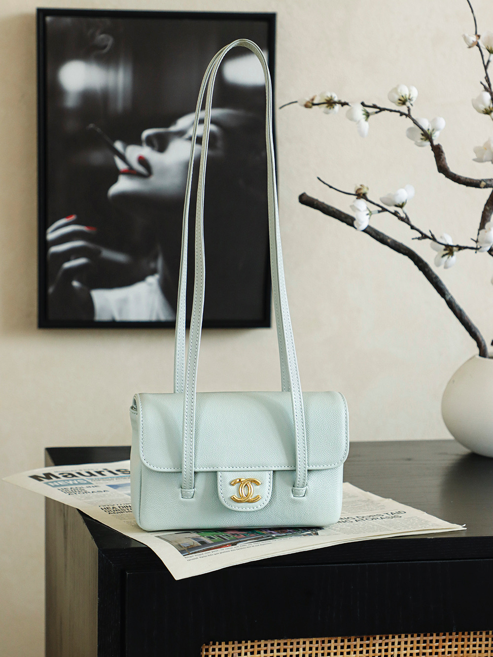 Bagsaaa Ch**el Spring Summer 2026 Clutch with Leather Strap AP5068 light blue - 17cm