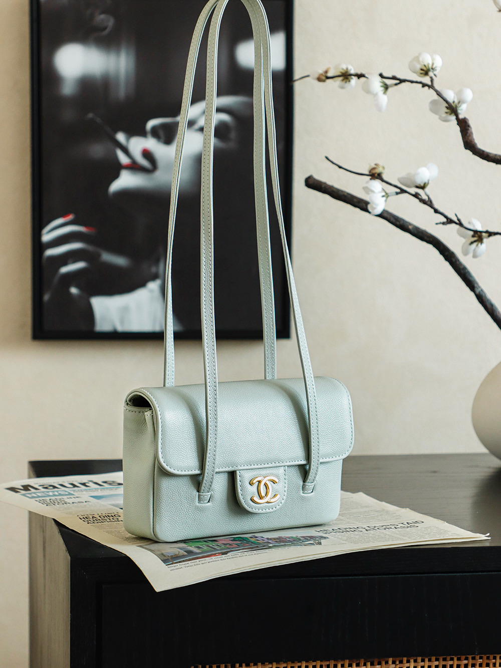 Bagsaaa Ch**el Spring Summer 2026 Clutch with Leather Strap AP5068 light blue - 17cm