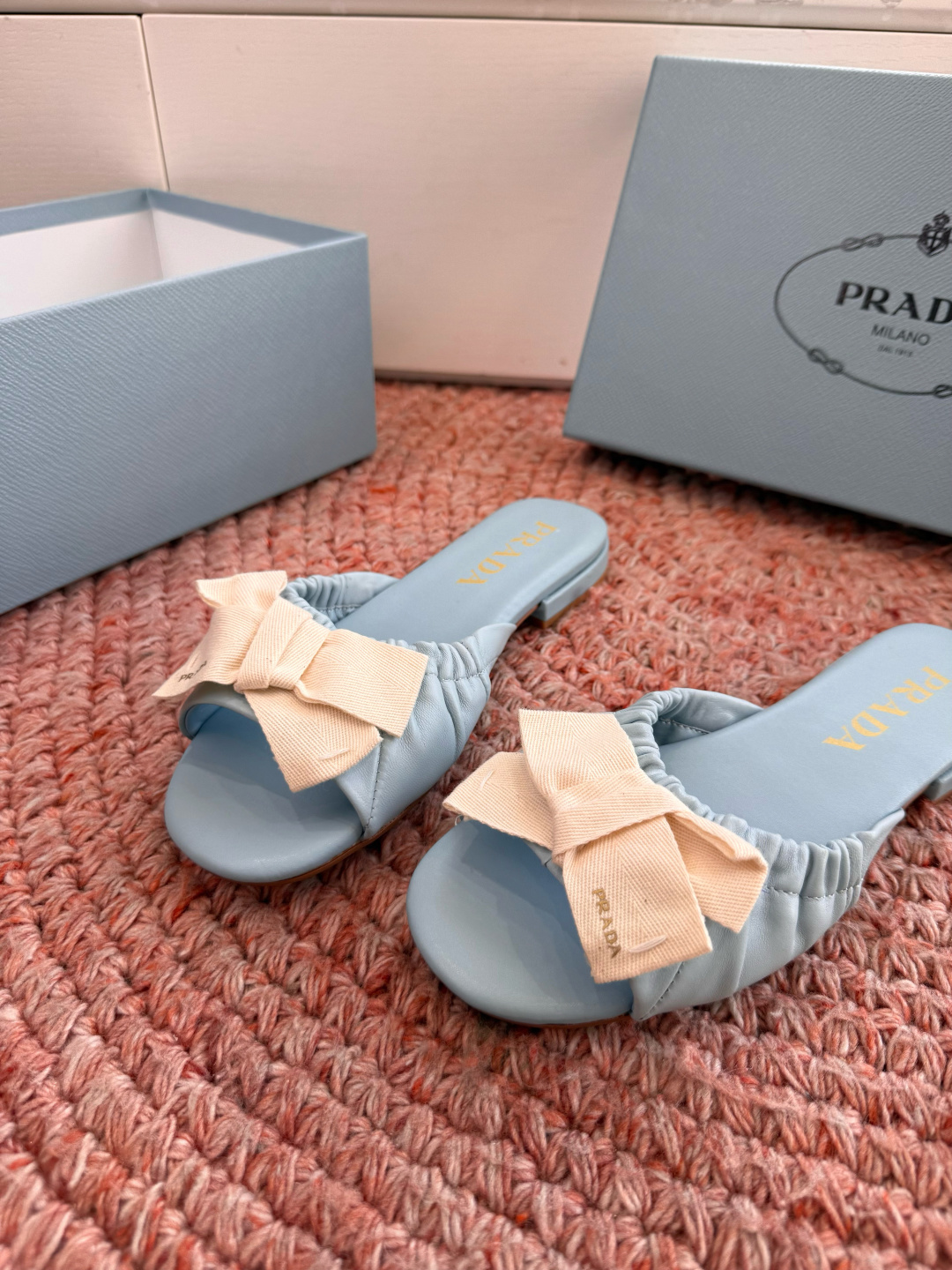 Bagsaaa Pra*a Bow Slide Sandals blue