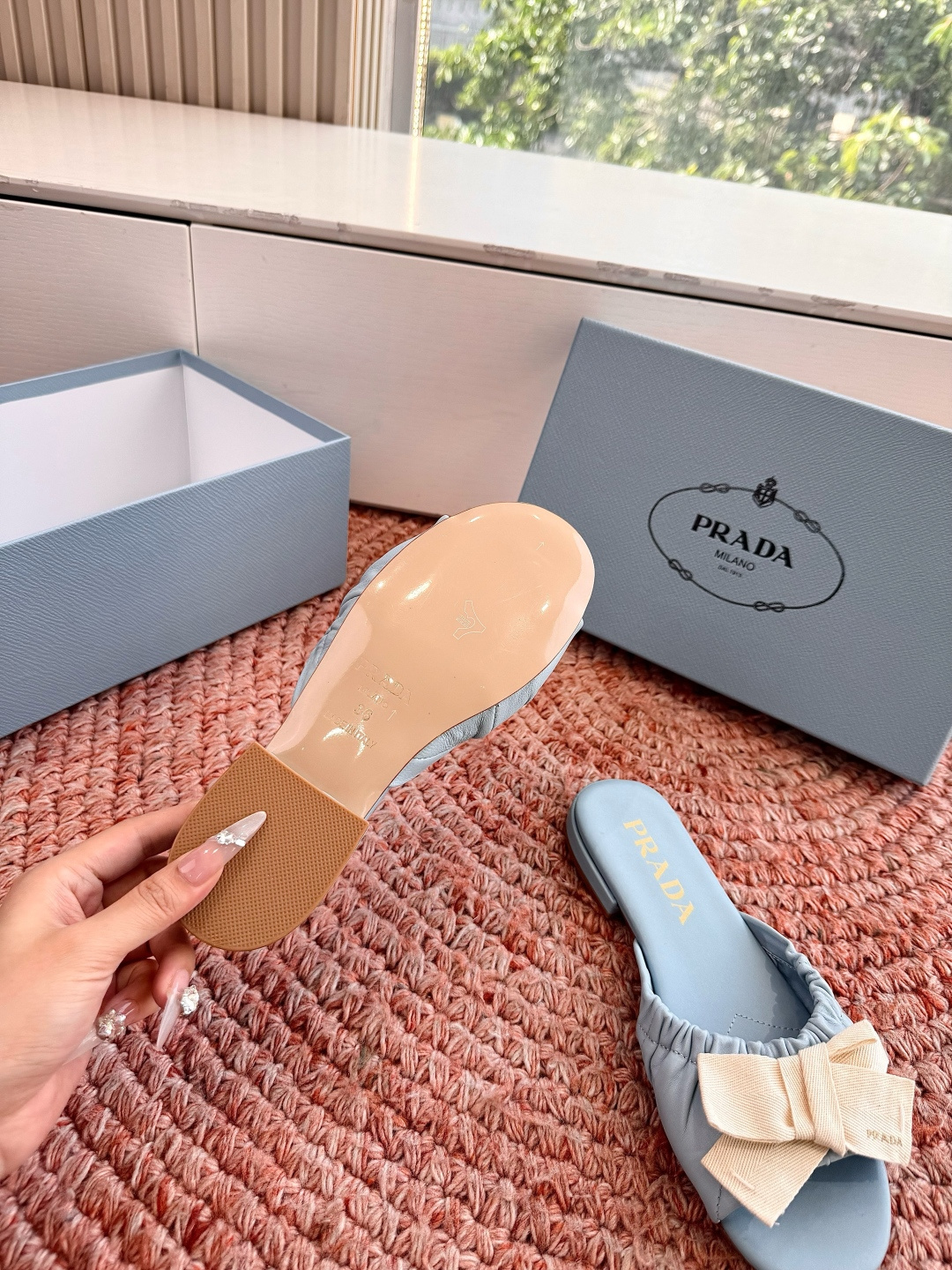 Bagsaaa Pra*a Bow Slide Sandals blue