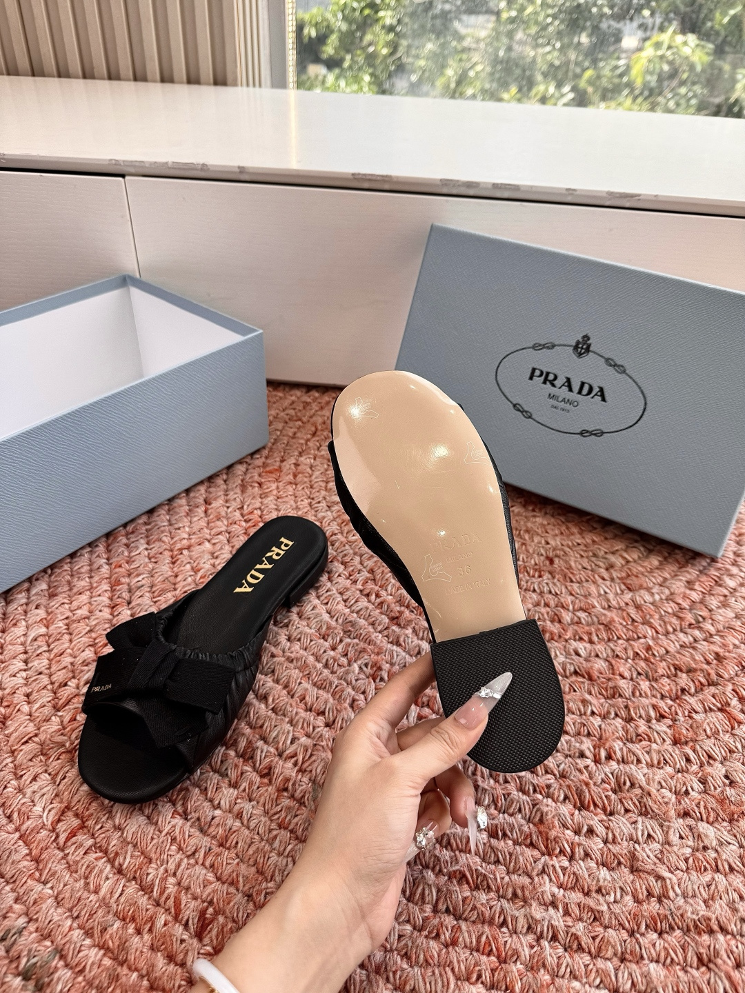 Bagsaaa Pra*a Bow Slide Sandals black