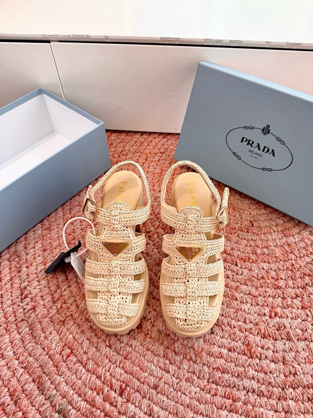 Bagsaaa Pra*a Women's Monolith Crochet Cage Sandals beige