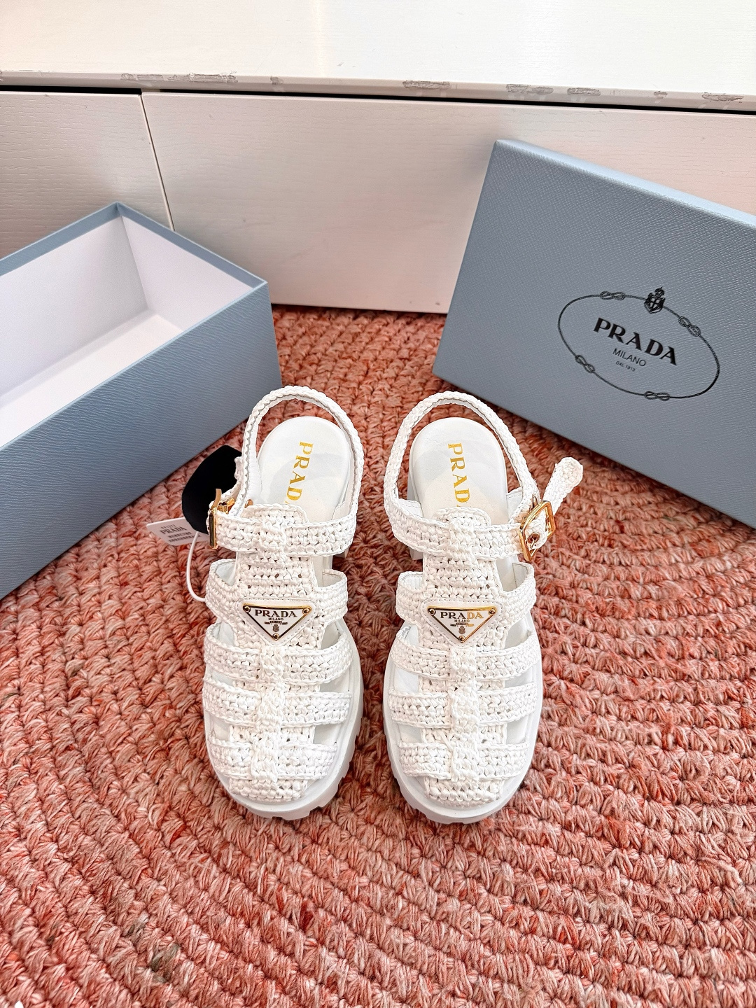 Bagsaaa Pra*a Women's Monolith Crochet Cage Sandals white